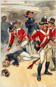 "Nelson foi atingido por um tiro do aparelhamento", ilustração de "Heróis e heroínas da história inglesa" por Alice S. Hoffman de Gordon Frederick Browne